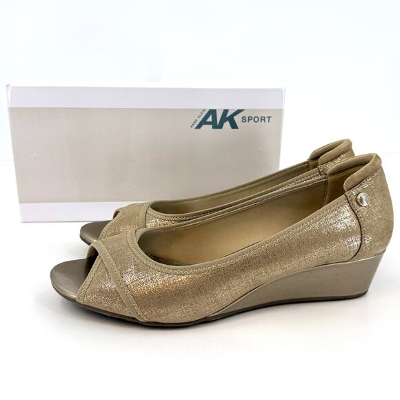 Anne Klein Sport Shoes - Anne Klein Sport Size 10 Corner Peep Toe Wedge Sandal Metalic Taupe Pump